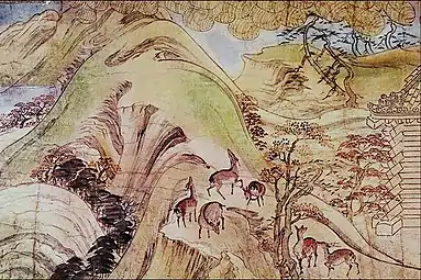 Peinture. Paysage de montagne avec six daims. Des sacs de riz volent en haut de la peinture.