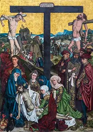 La Lamentation sur le Christ mort (1484), tempera sur panneau de Michael Wolgemut à l'église Saint-Laurent de Nuremberg.