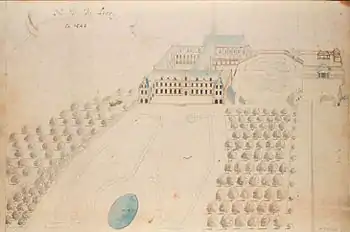 dessin à l'encre et lavis de jardins à la française devant les bâtiments de l'abbaye