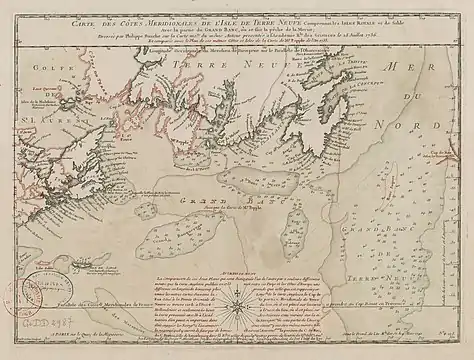Carte des côtes méridionales de l'isle de Terre Neuve comprenant les Isles Royale et de Sable avec la partie du Grand Banc, où se fait la pêche de la morue / dressée par Philippe Buache et comparée avec le plan de la carte de Mr. Popple en l'an 1733 ; Desbrulins sculp.