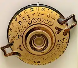 Un alphabet grec archaïque sur une coupe attique. Musée national archéologique d'Athènes.