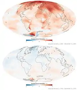 Répartition spatiale du réchauffement climatique : le graphique montre les anomalies de température pour la période 2000-2009 (en haut), la décennie la plus chaude jamais mesurée, et en comparaison les années 1970-1979. Les anomalies sont représentées, c'est-à-dire les écarts par rapport à la moyenne à long terme de la période 1951-1980, et non les températures absolues.