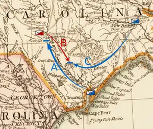 Carte montrant les déplacements des forces patriotiques et loyalistes en Caroline du Nord.
