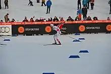 Un fondeur vu de côté pendant une course.