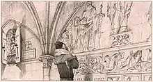 Enluminure représentant Frollo devant l'arcade du cimetière des Innocents.