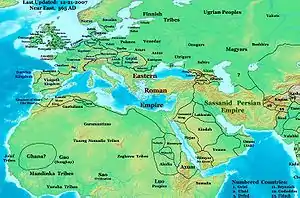 Carte représentant les zones d'implantation des peuples et royaumes dans l'espace méditerranéen et moyen-oriental vers 550