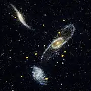 Les trois galaxies d'Arp 286 dans le domaine de l'ultraviolet par GALEX.