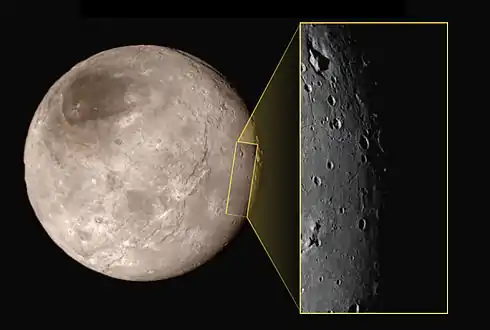 Photo de Charon prise le 14 juillet, avec en cartouche un gros plan effectué par la caméra LORRI.