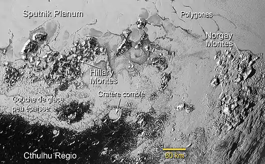 Partie sud de Sputnik Planum sur Pluton : des glaces exotiques s'écoulent entre les massifs Hillary et Norgay et en comblant notamment le grand cratère annoté de 50 km de diamètre.