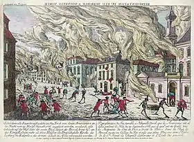 Interprétation de l’incendiepubliée par un artiste contemporain en 1776.