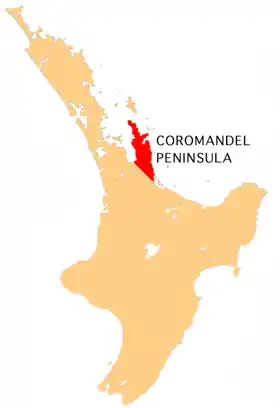 Carte de la péninsule de Coromandel dans l'île du Nord de la Nouvelle-Zélande.