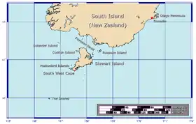 Carte de l'île Stewart avec les îles Solander à l'ouest.