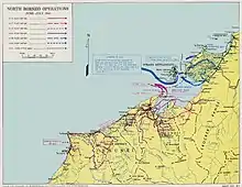 Carte couleur de la région de la baie de Brunei marquée avec des flèches et des dates montrant les mouvements des principales unités impliquées dans la bataille du Bornéo du Nord