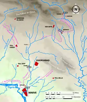 Localisation des principaux aménagements hydrauliques de la région de Ninive au VIIe siècle av. J.-C.