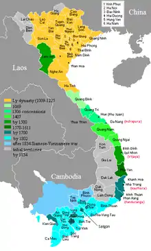 La progression débute en 1069 par l’annexion de Quảng Bình et se termine en 1834 par la partie orientale de l’actuel Cambodge, jusqu’au lac Tonlé Sap