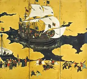 Détail de paravent nanban représentant l'arrivée d'un navire portugais, attribué à Kanō Naizen (1570–1616).