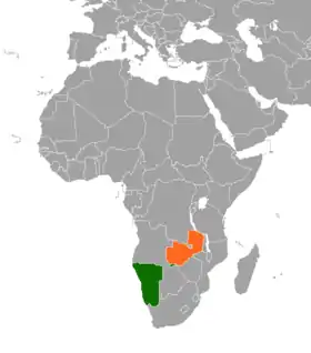 La Namibie (en vert) et la Zambie (en orange) en Afrique