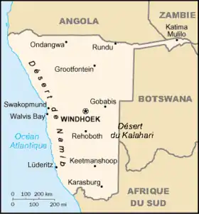 Carte de la Namibie montrant au nord la frontière avec l'Angola