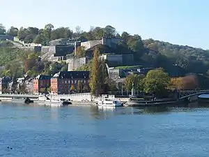 La Meuse à Namur (la citadelle au centre, au-dessous le Parlement de Wallonie, à gauche la Meuse et à droite la Sambre qui se jette dans le fleuve).