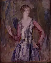 Peinture aux couleurs ternes et sombres d'une femme aux cheveux courts ayant la tête tournée à gauche.