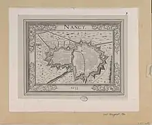 Plan de Nancy en 1633 d'après Anthoine de Fer (le bastion de Saurupt est en no 16).