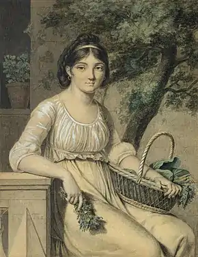 Portrait de femme assise tenant un panier rempli de feuillages, craie noire et rouge, aquarelle, gouache, sur papier brun, 1797-1798, localisation inconnue