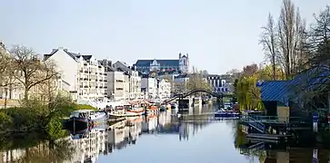L'Erdre à Nantes, avec l'île de Versailles et la cathédrale.