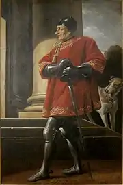 Portrait d'Olivier V de Clisson, debout de profil, tourné vers la gauche. Il porte une armure de plates et est recouvert d'une tunique rouge à liseré d'or. Sur son flanc gauche il porte à deux mains l'épée de connétable. À l'arrière plan, une colonne antique et un chien blanc à taches brunes qui observe Clisson.