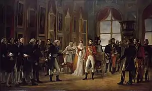 Peinture représentant Napoléon en tenue de consul, debout au centre d'une pièce, entouré de Joséphine de Beauharnais et de plusieurs dignitaires, alors que Cambacérès lui tend un document d'un air révérencieux.