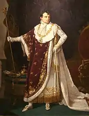 Portrait de Napoléon Ier en habits de sacre dont le manteau rouge orné d'abeilles d'or.