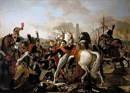 Napoléon descend de cheval blessé au pied à Ratisbonne, aidé du chirurgien Yvan, le 23 avril 1809, par Claude Gautherot. Roustam Raza est visible derrière l'Empereur.