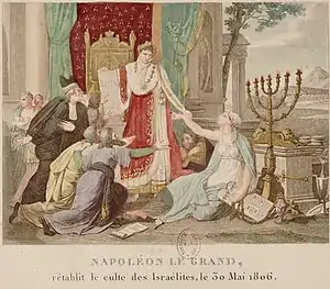 Dans cette publication française de 1806, la femme avec le Menorah représente les juifs émancipés par Napoléon Bonaparte
