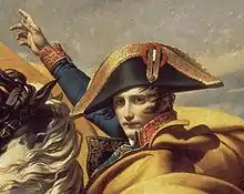 Bonaparte franchissant le Grand-Saint-Bernard  de David : détail ; la cocarde est blanc, bleu, rouge, le rouge vers l'extérieur.