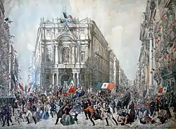 Tableau représentant l'entrée dans une ville d'une armée portant des drapeaux italiens
