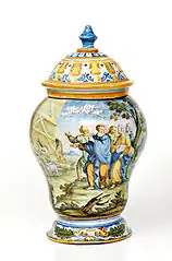 Vase à couvercle peint avec Tobias et l'Archange Raphaël, Lorenzo Sallandra, Naples, 1748.