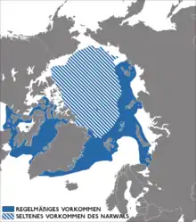 La carte est surtout centrée sur l'Arctique, et montre que l'aire de répartition du narval comprend le Groenland et la Sibérie.