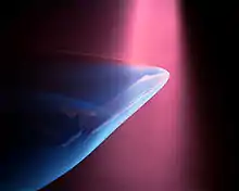 Un faisceau violet venant du haut produit une lueur bleue autour d'un modèle de la navette spatiale.