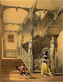Lithographie monochrome d'un grand escalier en bois