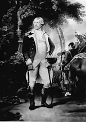 Une image de Nathanael Greene debout à côté de son cheval, vêtu de l'uniforme de général de l'armée continentale.