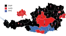 Parti arrivé en tête par circonscription régionale. Les carrés indiquent les sièges obtenus par parti (« Grundmandate »).