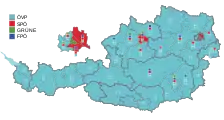 Parti arrivé en tête par circonscription régionale. Les carrés indiquent les sièges obtenus par parti (« Grundmandate »).