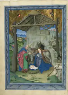 Nativité. Missel de Salzbourg. Missel de Salzbourg, t. I (1478-1489). Bibliothèque d'État de Bavière, Munich, Clm 15708, fol. 3v.