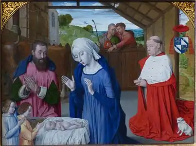 Le Maître de Moulins, Nativité avec le portrait du cardinal Jean Rolin (vers 1480).