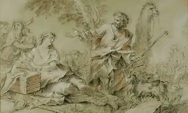 Charles-Joseph Natoire, Étude pour Jacob et Rachel, dessin aux trois crayons sur papier.