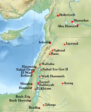 Carte du Levant avec localisation de sites archéologiques.