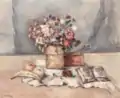 Nature morte au pot de grès, fleurs, fruits, livre ouvert et pinceaux, 1934, huile sur toile, 50 × 60,5 cm, coll. privée.
