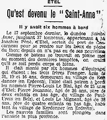 La disparition du dundee Sainte-Anne en 1912 (journal L'Ouest-Éclair).