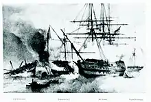 gravure noir et blanc : combat naval
