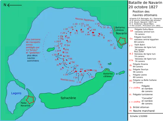 carte couleur : une baie fermée, des signes représentants des navires sont positionnés en fer à cheval