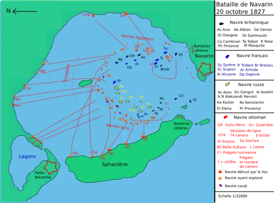 carte couleur : une baie fermée, des signes représentants des navires positionnés en fer à cheval ; leurs mouvements vers les côtes sont montrés par des flèches